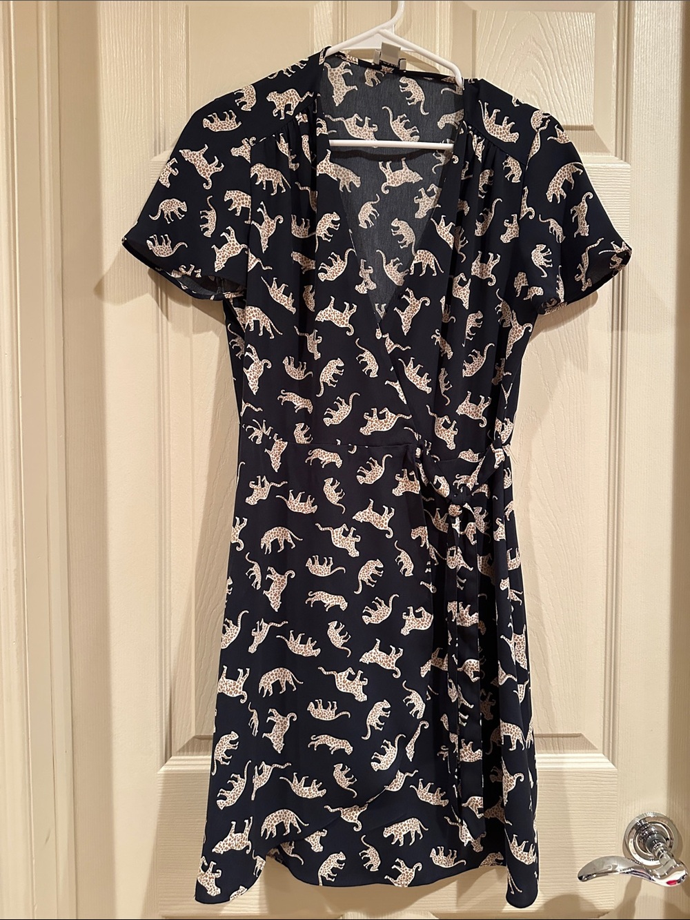 J. Crew Navy Wrap Dress with Ivory Leopard Print